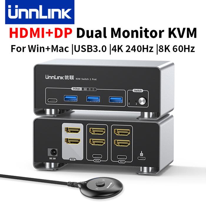 Unnlink 2x2 HDMI DP Dual Monitor KVM Switch 4K 240Hz/ 8K 60Hz USB 3.0 HDMI DisplayPort Extend 2 Diff