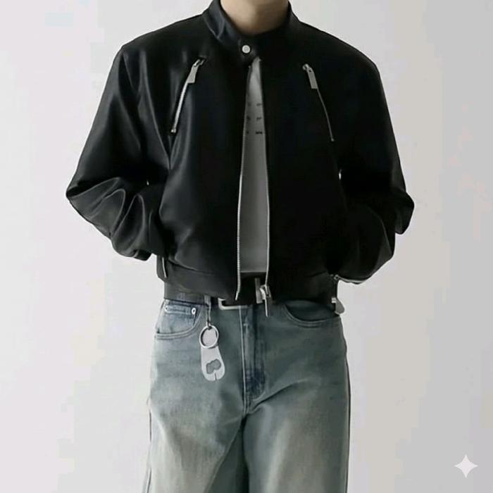 Jaket Crop Pria Boxy Granger Mafia Semi Kulit Viena PU Leather Vintage Midnight Collar Classic Top S