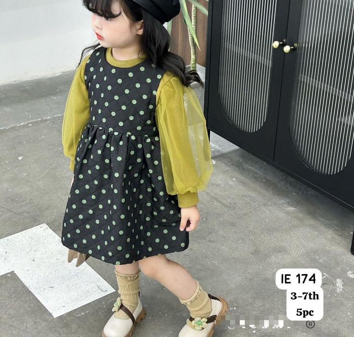 Dress Anak Perempuan Import Style Korea - Gaun Polka Dot Lengan Tile Puff (Usia 3-7 Tahun)