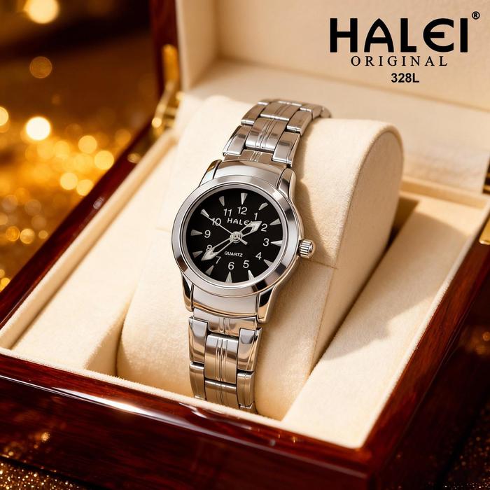 HALEI Original 328 L - Bergaransi Jam Tangan Wanita Halei Kecil Anti Air Rantai Stainless Back Analo