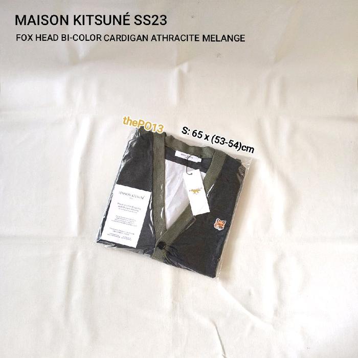 MAISON KITSUNE FOX HEAD PATCH BI-COLOR CARDIGAN KHAKI SS23 AUTHENTIC 100% BNWT