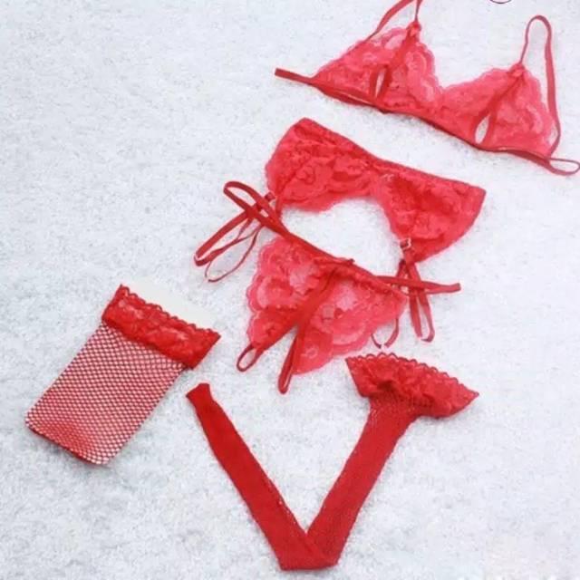 K211074  Lingerie Bra Set Merah - Bikini Merah Plus Garter Stocking Tipis Transparan
