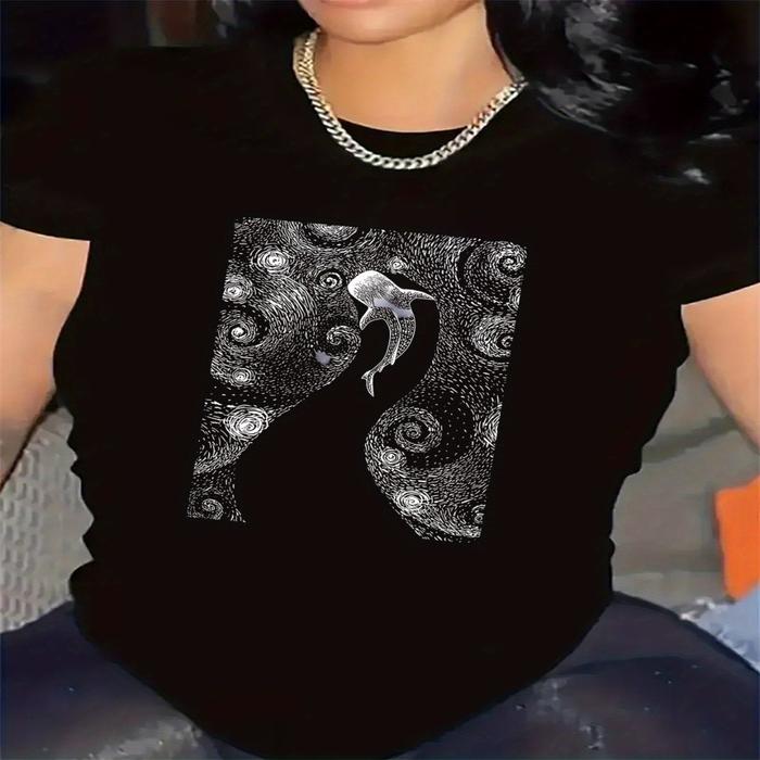 Wo's Sparkling Elephant T-Shirt - Short Sve Blouse Top with Shimmering Pachyderm Print, Round Neck C