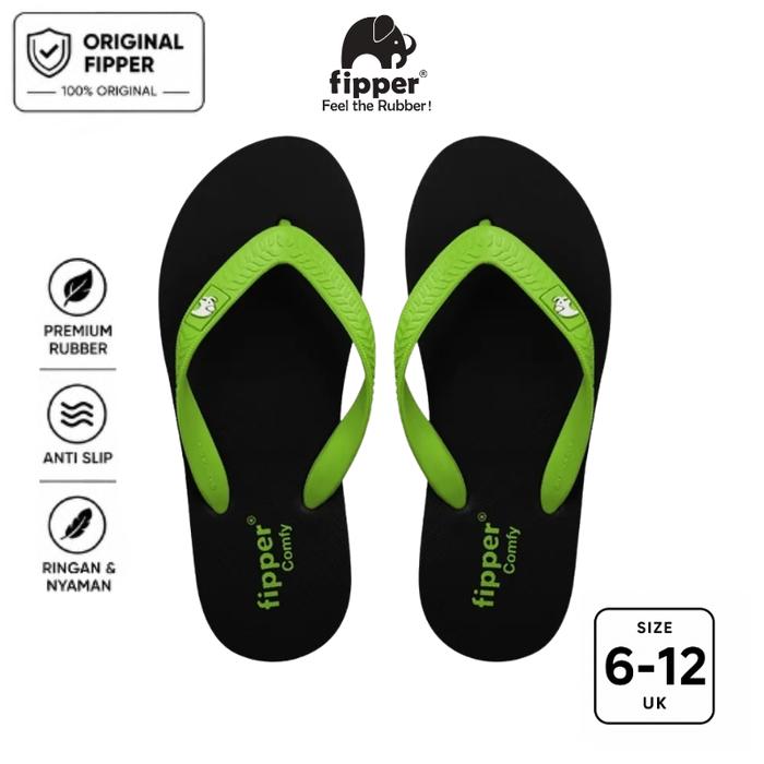 Fipper Comfy Sandal Jepit Anti Slip Pria Wanita Original Ringan Nyaman Hitam Black / Green Apple
