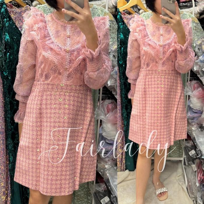 [READY STOCK FAIRLADY] LD 88-94 Eireen Pink Tweed Brukat Lace Dress Pesta Wanita Korean Style Premiu