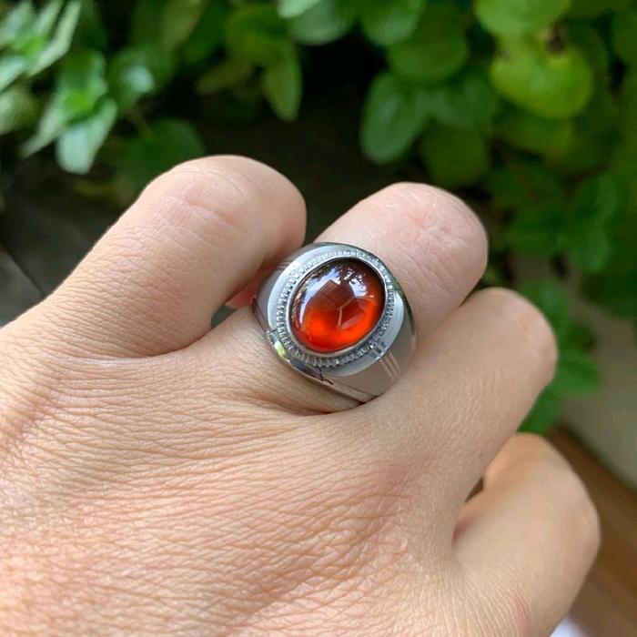 Cincin Batu Natural Red Garnet Hessonite Cabochon Ring Monel Doff Handmade Kantoran untuk Pria dan W