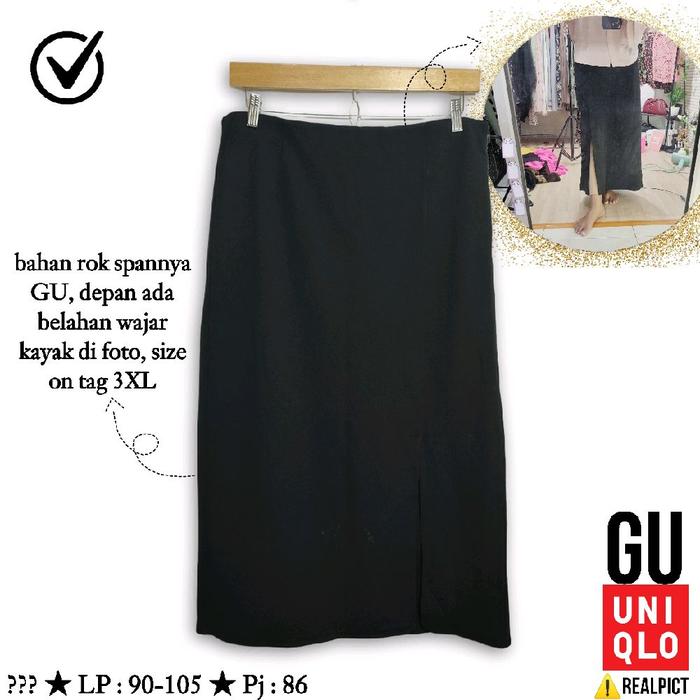 GU UNIQLO Rok Span Hitam Size 3XL Jumbo Belah Depan Sepan Branded Black Skirt Long Midi Panjang Ping