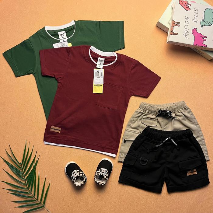 BRAVEKIDS FASHION TWO LAYER SETELAN ANAK 1-5 TAHUN TSHIRT KATUN 24s & CELANA CARGON UNION DRILL BAHA
