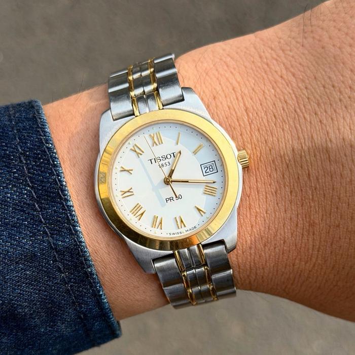 ORIGINAL ! rare Tissot pr 50 quartz silver gold dual tone roman dial pr 50 mulus mint langka vintage
