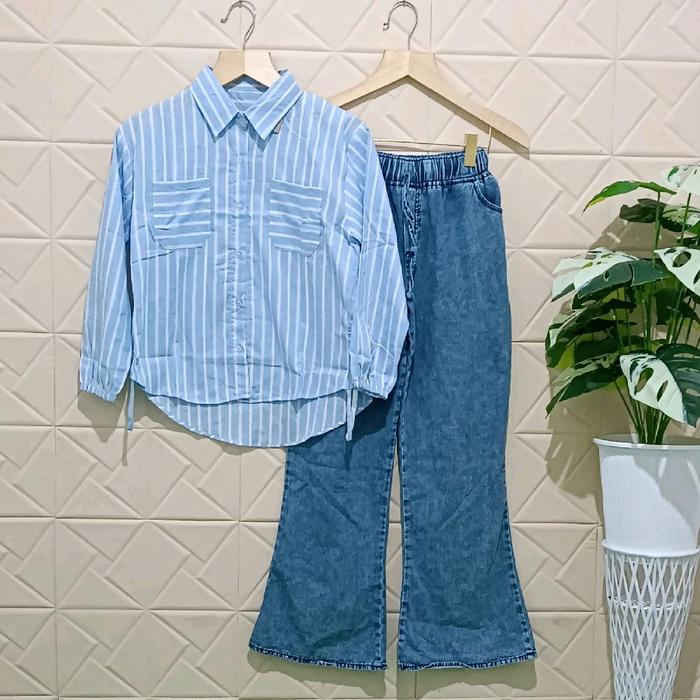 Tania Setelan Wanita Atasan Katun Motif Salur Dan Celana Cutbray Jeans Wash One Set Wanita Terlaris 