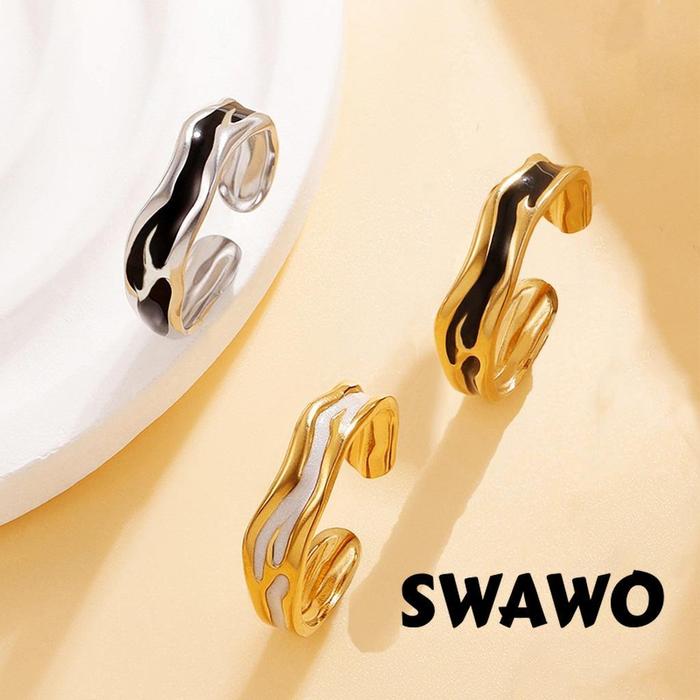 [Swawo] cincin wanita bahan stainless steel sempit bentuk tidak beraturan cat minyak hitam putih ena
