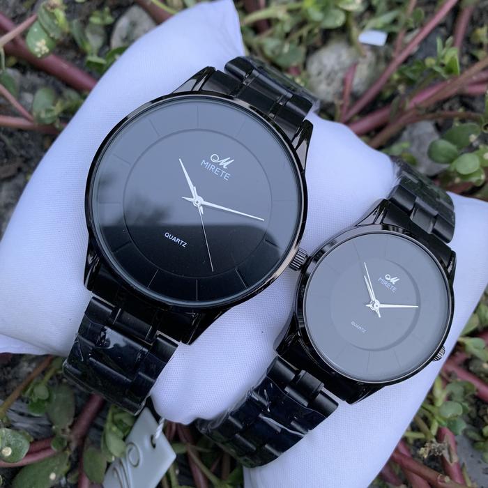 Jam tangan mirete high class rantai Hitam plat hitam classic couple Elegan full black mewah pasangan