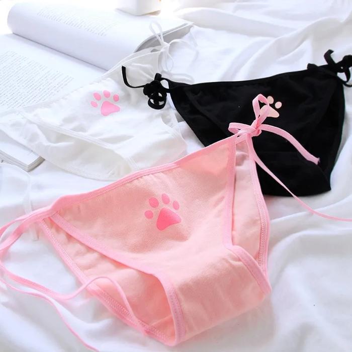 Women Sexy Bandage Cotton Panties Cute Cat Paw Bowknot Lovely Lolita Girls Briefs Erotic Ladies Low 