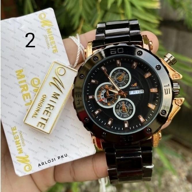 PROMO!! JAM TANGAN PRIA RANTAI STAINLISS ORIGINAL MIRETE TAHAN AIR BLACK GOLD STOK TERBATAS!!