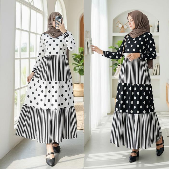 CARLINA Gamis Polkadot Kombinasi Salur Hyget Super Maxy Dress Perempuan