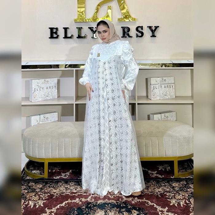 Amira Dress Material Sutra Embos Pattern EA  Samira Silk Pattern EA  Tulle Mutiara Di Dada Aksen Seq