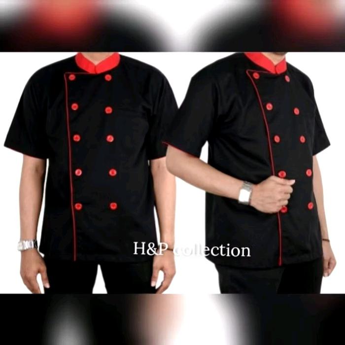 DV Seragam Baju Koki Chef Pria - Baju Koki Lengan Pendek Putih - Merah - Hitam - Navy - Coklat Muda