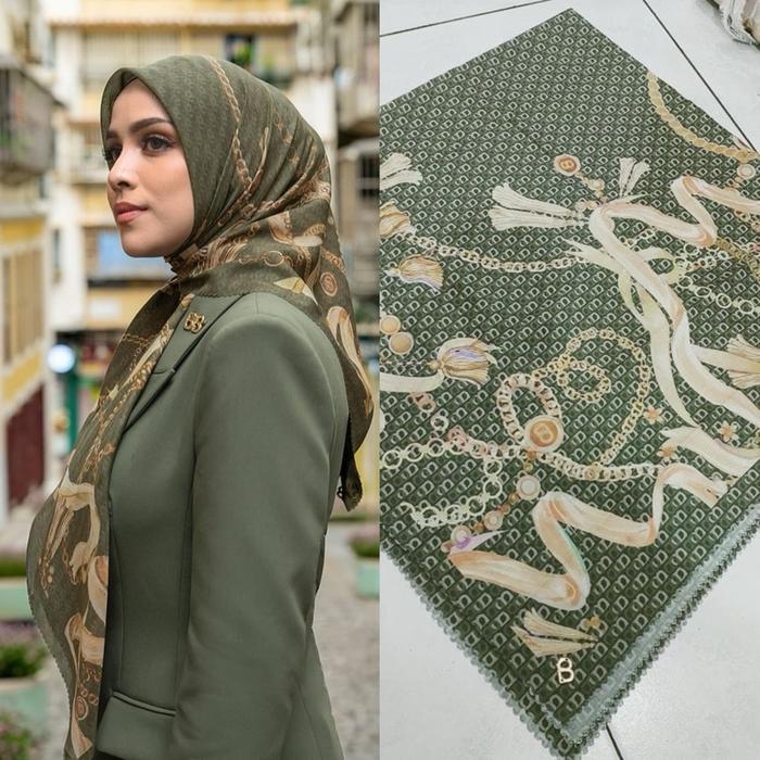 (Lasercut Titik3) Hijab Segiempat Buttonscraves CHAIN Series with Logo Plat B Pouch / Hijab Segiempa