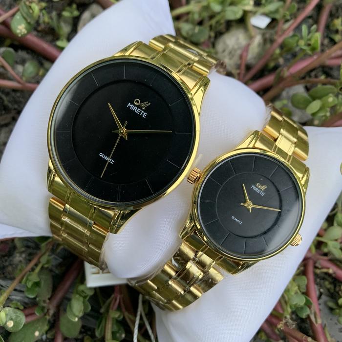 Jam tangan mirete high class rantai kuning plat hitam classic couple Watches Elegan Kaca warna emas 
