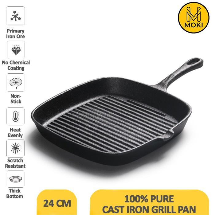 MOKI 100% Cast Iron Grill Pan / Panci Pemanggang / Panci Besi Cor