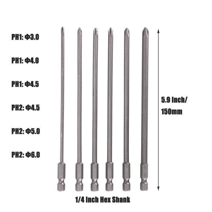 6pcs 150mm Mata Bor Obeng Magnet Ph1 Ph2 Magnetik Kepala Obeng Silang