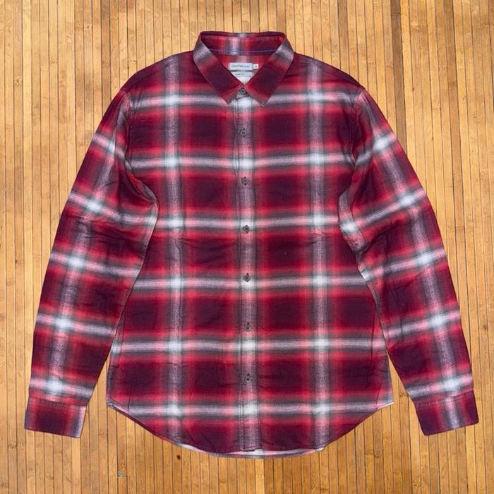 CALVIN KLEIN SOFT FLANNEL VETERANO RED WHITE BLACK EMBROIDERY LOGO LONG SLEEVE SHIRT uniqlo selvedge