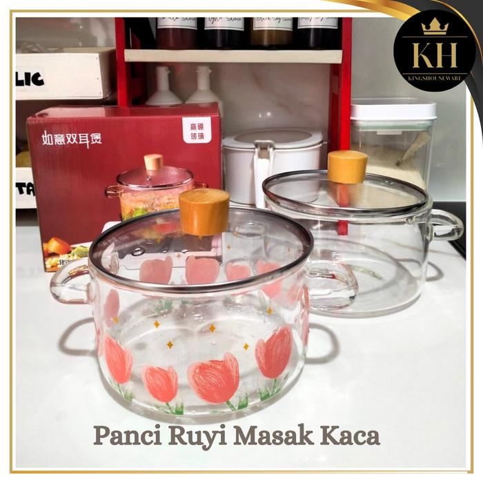 Kh- Pot Panci Ruyi Masak Kaca Bening Tahan Suhu Panas Panci kaca motif bunga polos