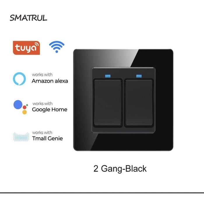 SMATRUL Saklar Pintar Black 2 Gang WiFi Smart Light Switch Wall Glass Panel Electrical Smart Life Tu