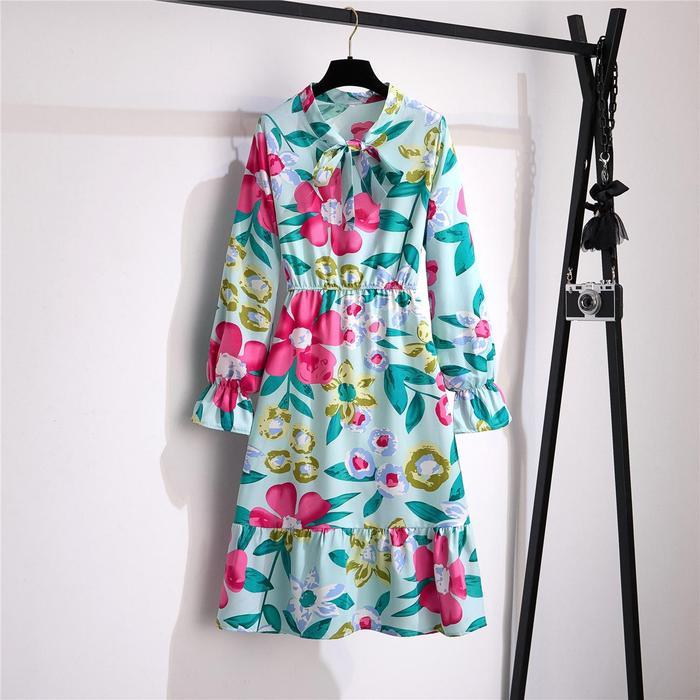 Promo Tianshun New Fashion Floral A-line Long Sleeves Midi Dress Sifon Motif Bunga Dress Lengan Panj