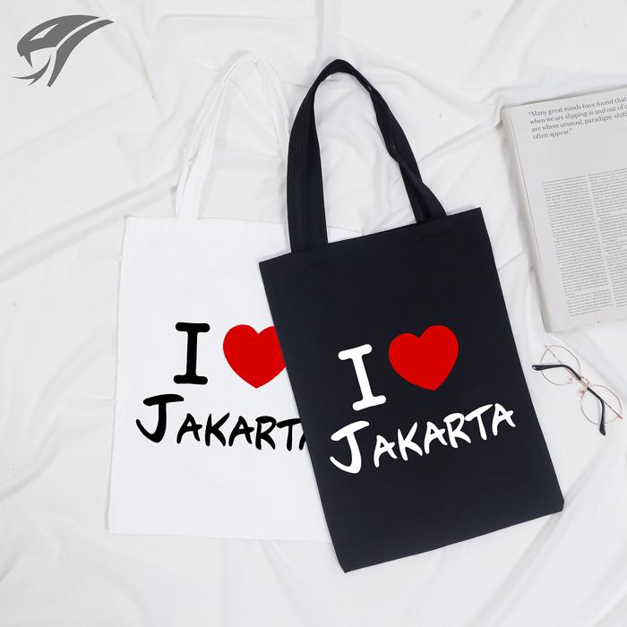 TOTE BAG I LOVE JAKARTA KANVAS PREMIUM UKURAN 40X30CM / TAS / RESLETING / SERUT / WANITA / BELANJA /