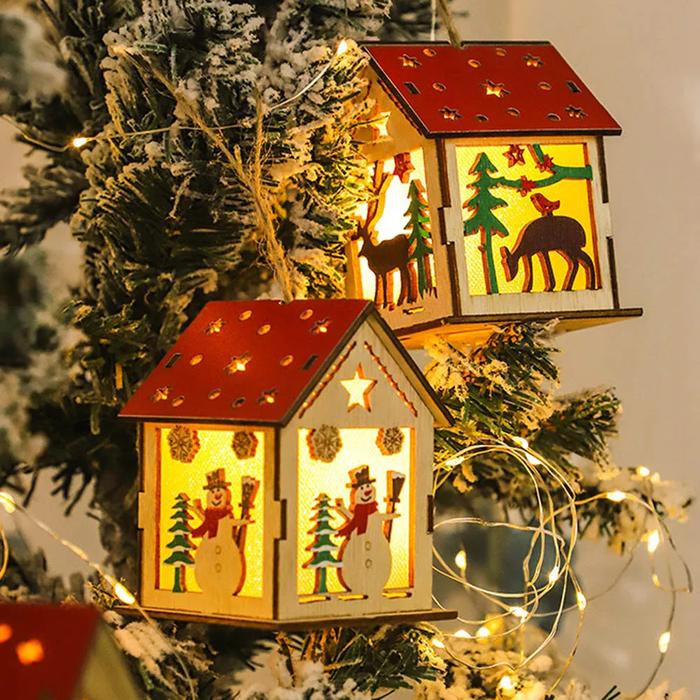 Christmas Wooden Log Cabin Hanging LED Glowing Light House Tree Ornaments, Desktop Decor, Kids Gifts