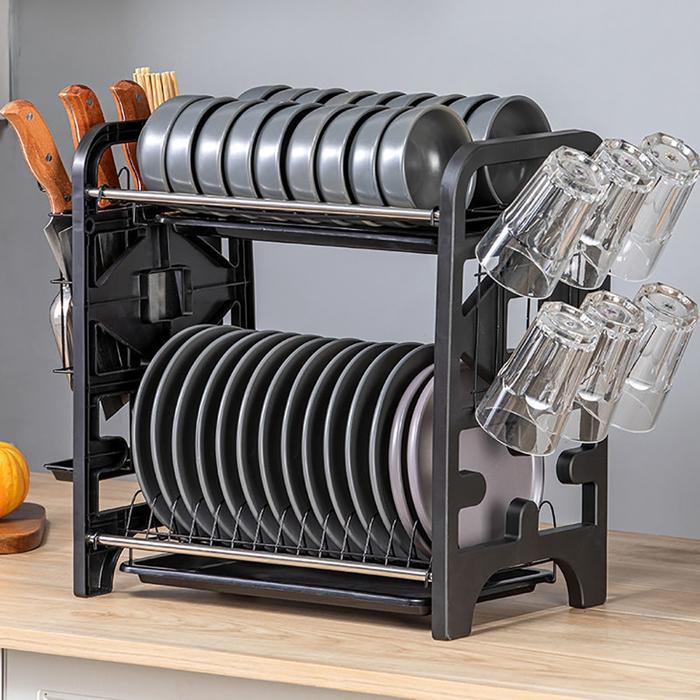 2 Layers Stainless Steel Kitchen Dish Rack Dryer Drain Cupboard Dish