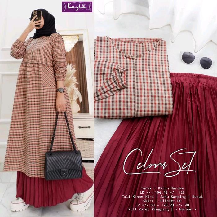 CELORA SET BY KAYLA SETELAN WANITA MUSLIM TUNIK DAN ROK PLISKET KEKINIAN MURAH NYAMAN Baju Katun Kul