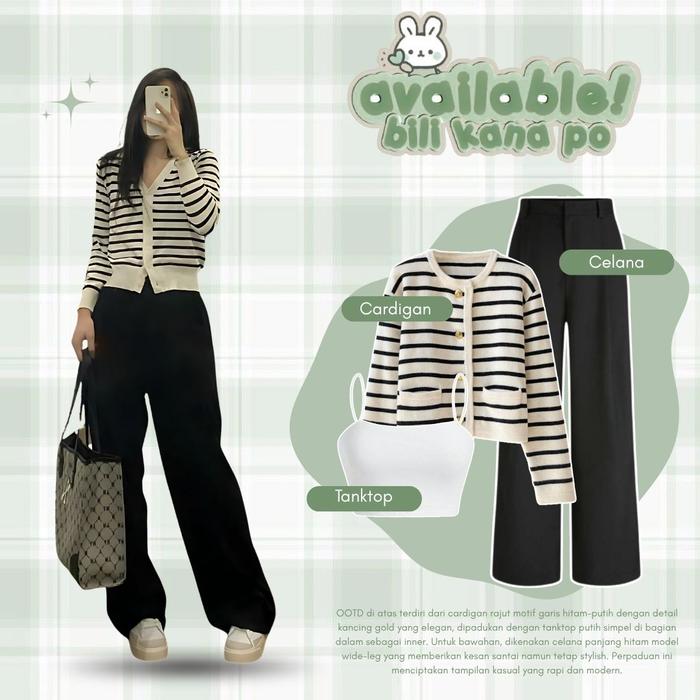 Outfit Set Jisoo 3in1 ( Cardigan Stripe Jisoo, Tanktop Putih Tali, Celana Jennie Knit ) OOTD Korean 