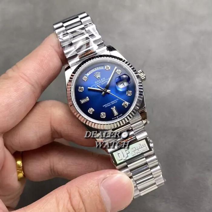 QF Factory V5Rolex Day-Date Blue Plate Ombre Dial 10P Diamond White Gold 36mm 128236