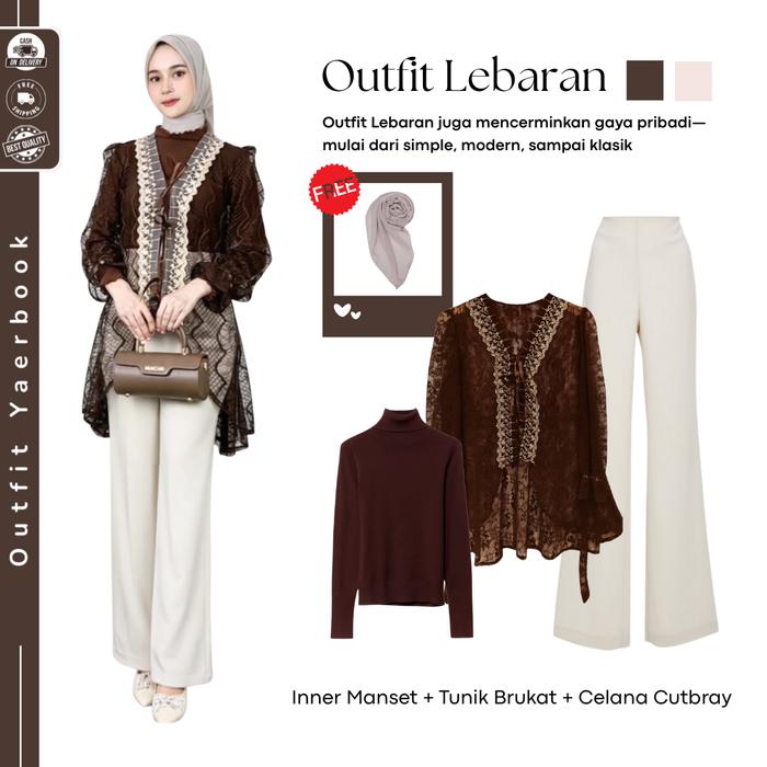 One Set Hijab Simple Mahoogany ( Inner Manset + Brukat Wiza + Celana Cutbray ) Setelan 4 In 1 Kondan