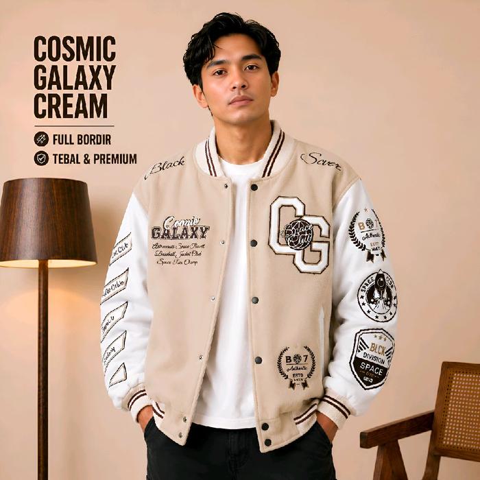 Varsity Jacket Cosmic Galaxy Cream White Blackseven | JAKET BASEBALL BORDIR ORIGINAL Pria wanita Fle