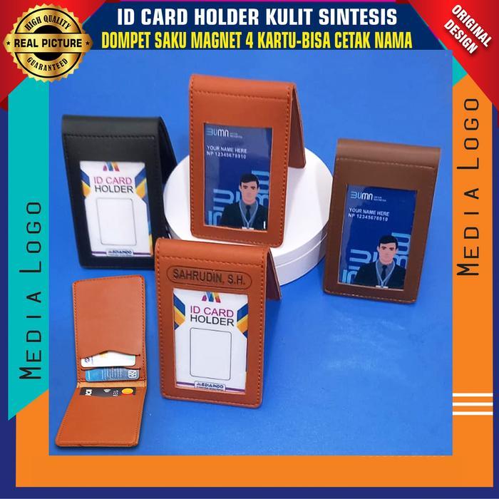 Id Card Holder Kulit-Dompet Saku Magnet 4 Kartu - Hitam, Dompet Polos