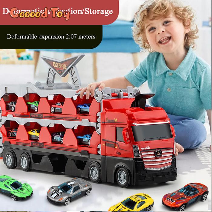 8Pcs/ Set Large Car Transporter Truck Folding Ejection Alloy Sports