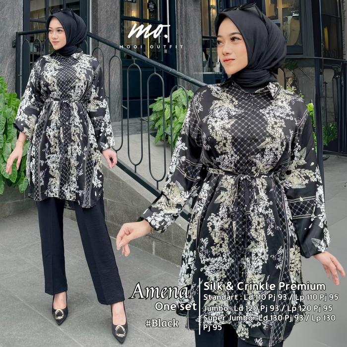 Amena one set - Setelan Tunik motif wanita jumbo ld 110 120 130 setcel kekinian hijab stelan crinkle