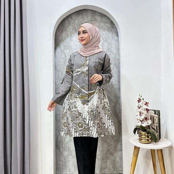 TUNIK KATUN ATASAN WANITA MOTIF DAUN PUTRI MALU,nyaman dipake adem dan cantik Batik Formal Kancing M