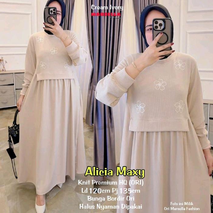 (Free Hijab) Gamis Wanita Terbaru Modern Alicia Maxy Cream Ivory Knit Premium HQ Original LD 120 Dre