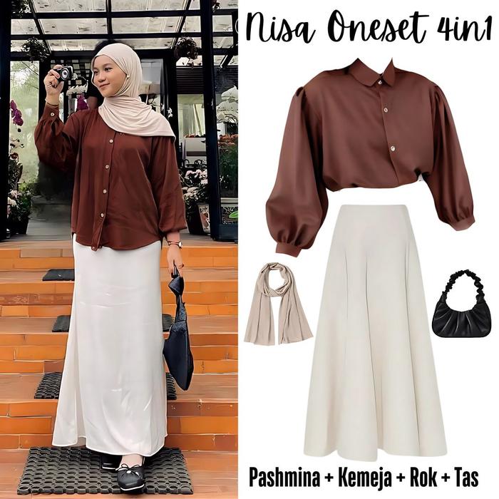 Oneset 4in1 kemeja cokelat rok hyget vanilla cream pashmina kaos jersy tas hitam cewe kekinian | oot