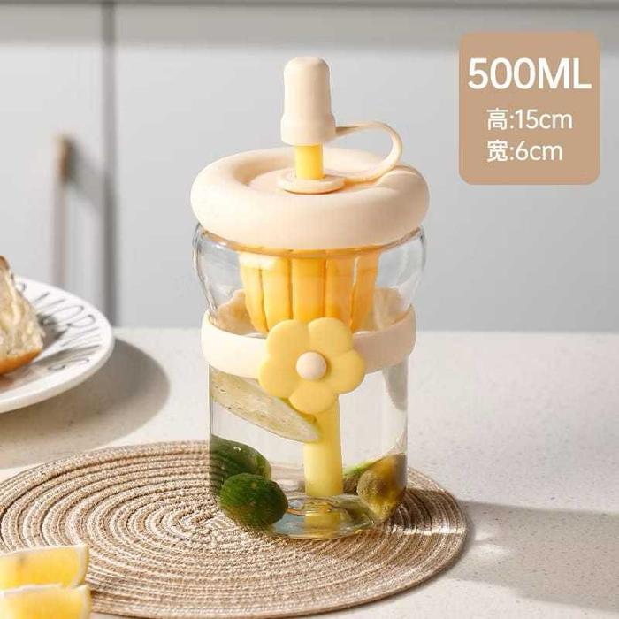 Botol minum kaca motif bunga  bottle gelas flower botol minum unik dengan sedotan silikon 500ml terb