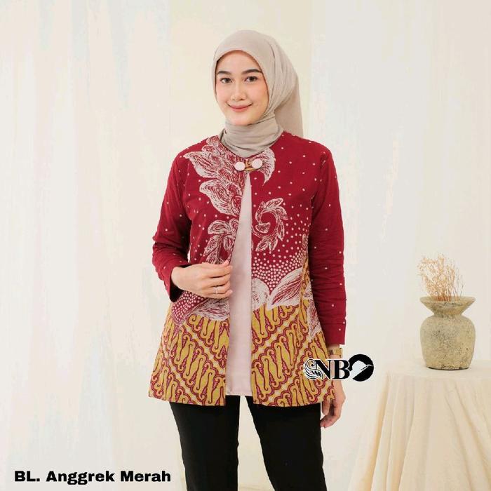 fashion atasan blues batik wanita dewasa model resleting belakang lengan panjang bahan katun premium