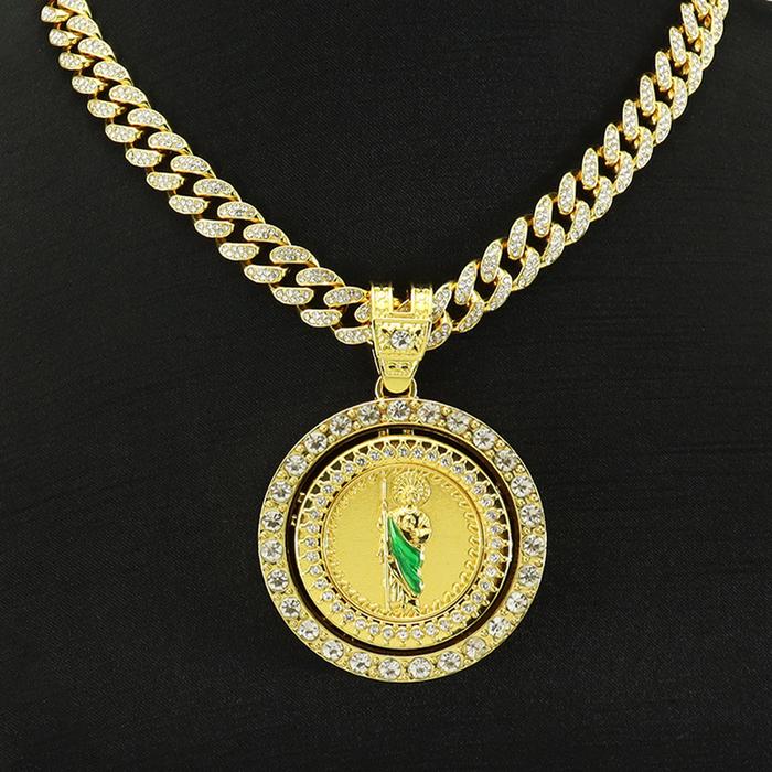 Men's Hip Hop Rotatable St. Jude San Judas Pendant Necklace with Cuban Chain Religious rotation Sain