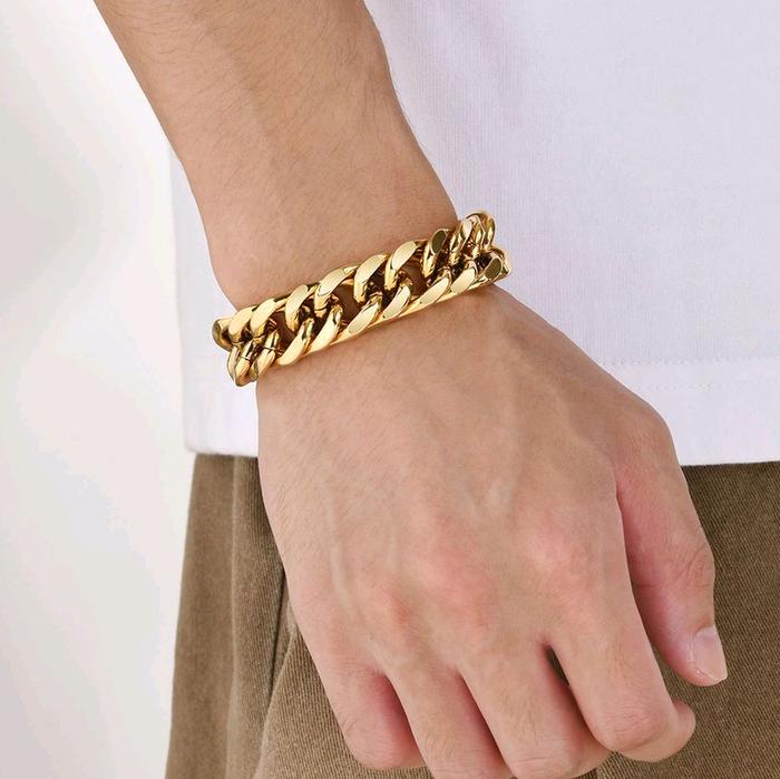 Gelang rantai titanium gold lapis emas 24 k Asli anti luntur, anti karat cocok untuk perhiasan pria&