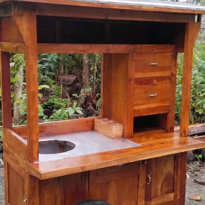 Gerobak Mie Ayam Slorok Kayu Mahoni Dengan Rak Dan Lemari Kayu Natural