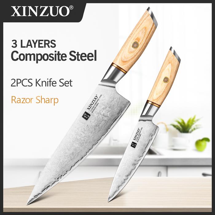 XINZUO 2 Buah Set Pisau Baja Tempa Jepang Pisau Utilitas Koki Tajam