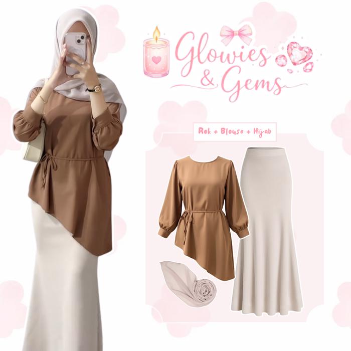 One Set Ramadan Simple Chic 3in1 / Rok Duyung + atasan Blouse Rayon Twill + Hijab Polycotton / Outfi